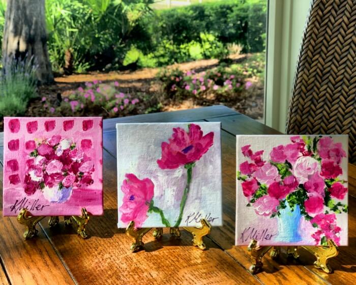 Flower Trio 4x4 painting by Kathy Miller