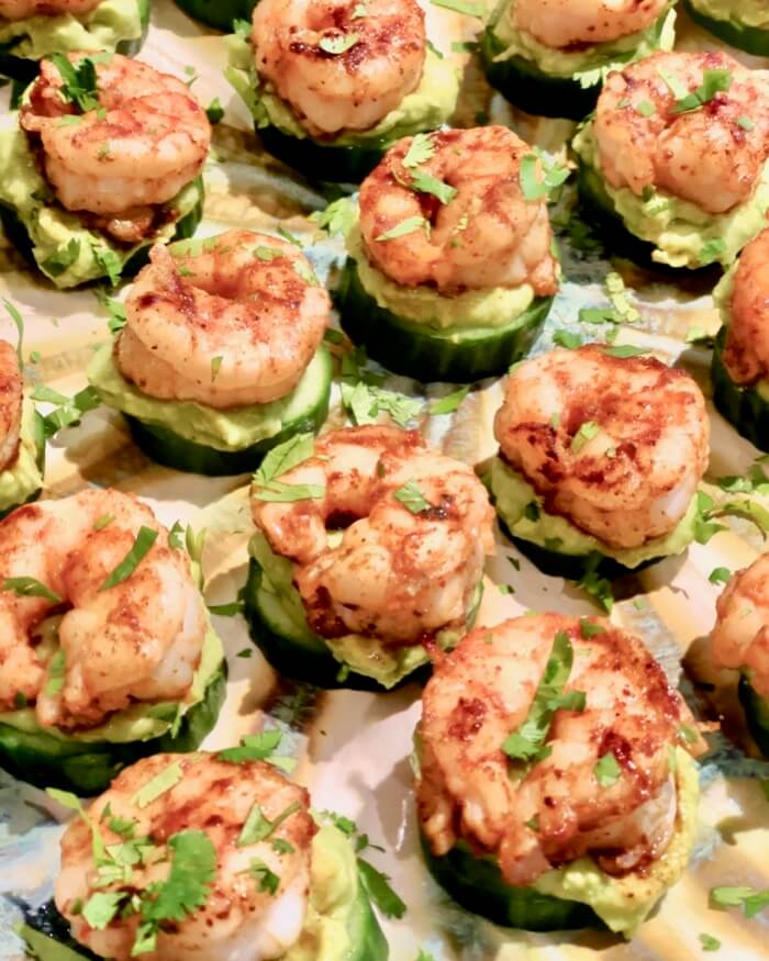 Shrimp with cucumber and guacamole appetizer photo by Kathy Miller