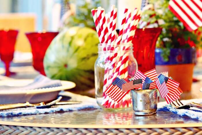 4th of July table with watermelon and flags