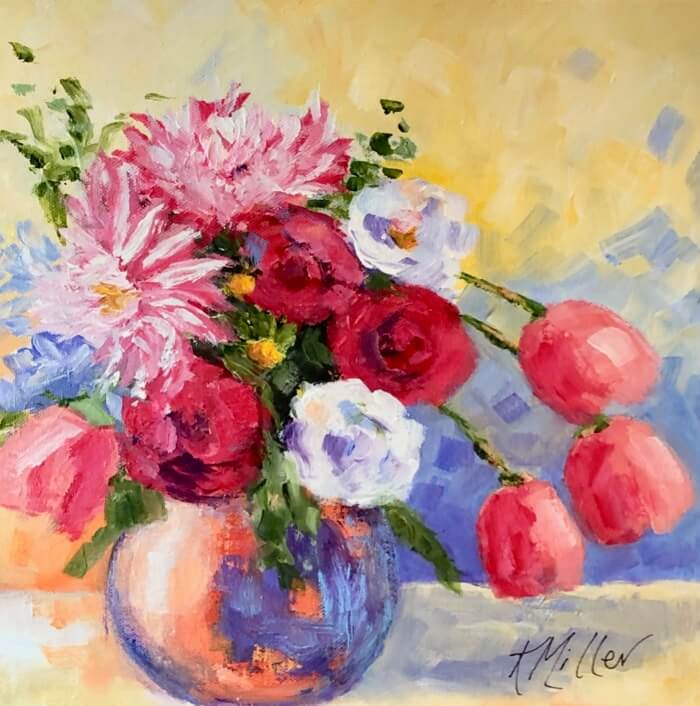 Dahlias and Tulips original painting by Kathy Miller 12"x12" Acrylic on Canvas