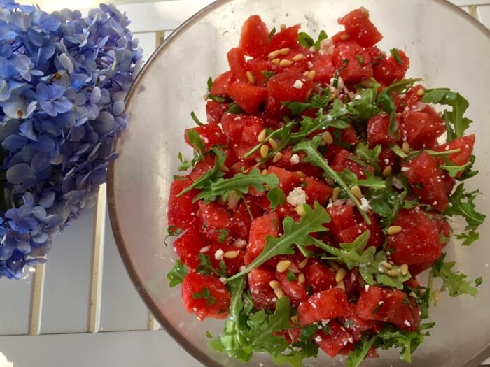 Watermelon Salad with feta and arugula photo by Kathy Miller