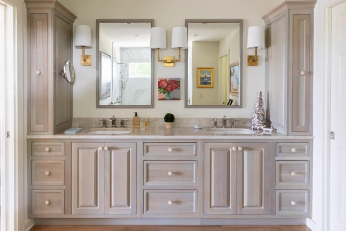 main bath with blue lightly stained cabinetry photo by Lynn Tennille