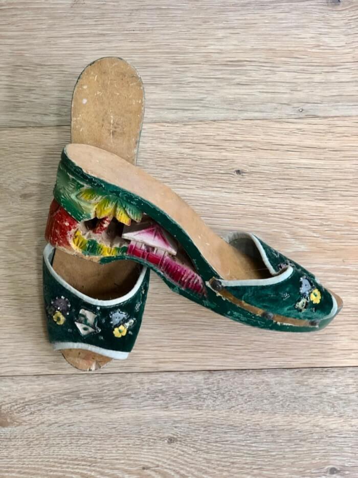 Embroidered wooden shoes from The Philippines WWII era photo by Kathy Miller