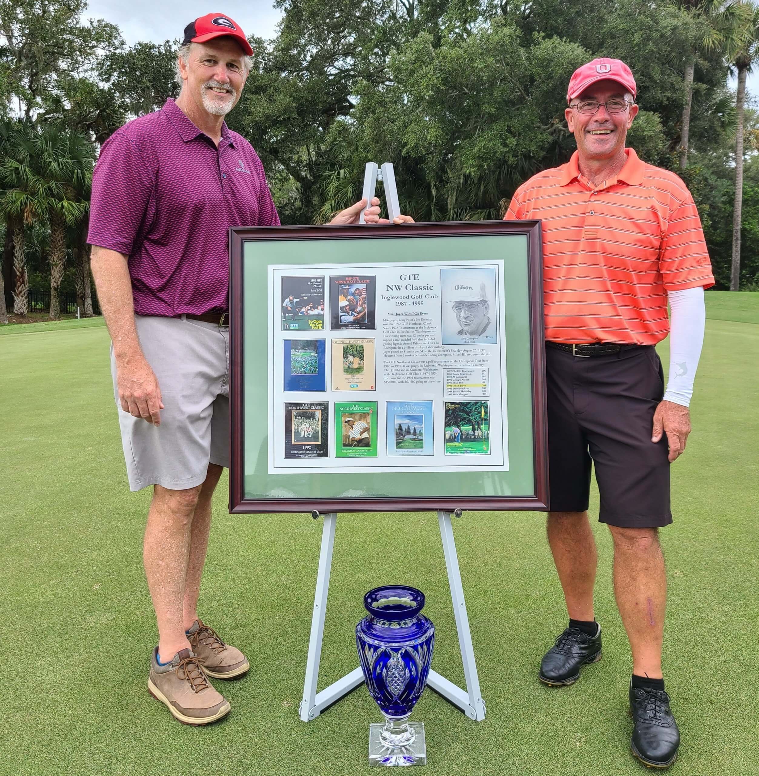 2020 Mens Member Member winners Paul Grube and Mike Wafield receiving the Mike Joyce Trophy