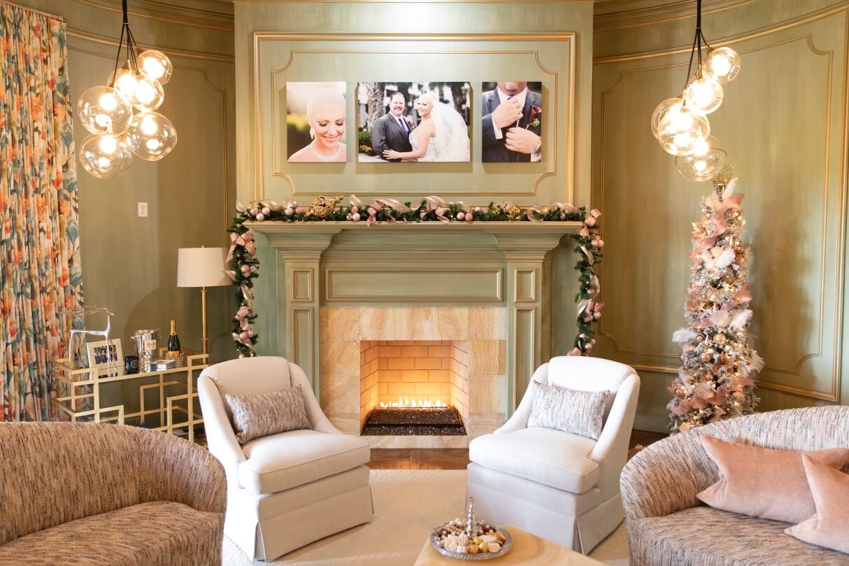 The Champagne Room with green walls, blush and silver and gold accents photo by Clay Greenhaw