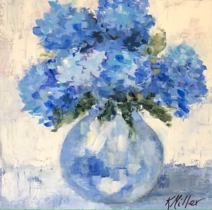 Hydrangeas in vase original painting by Kathy Miller