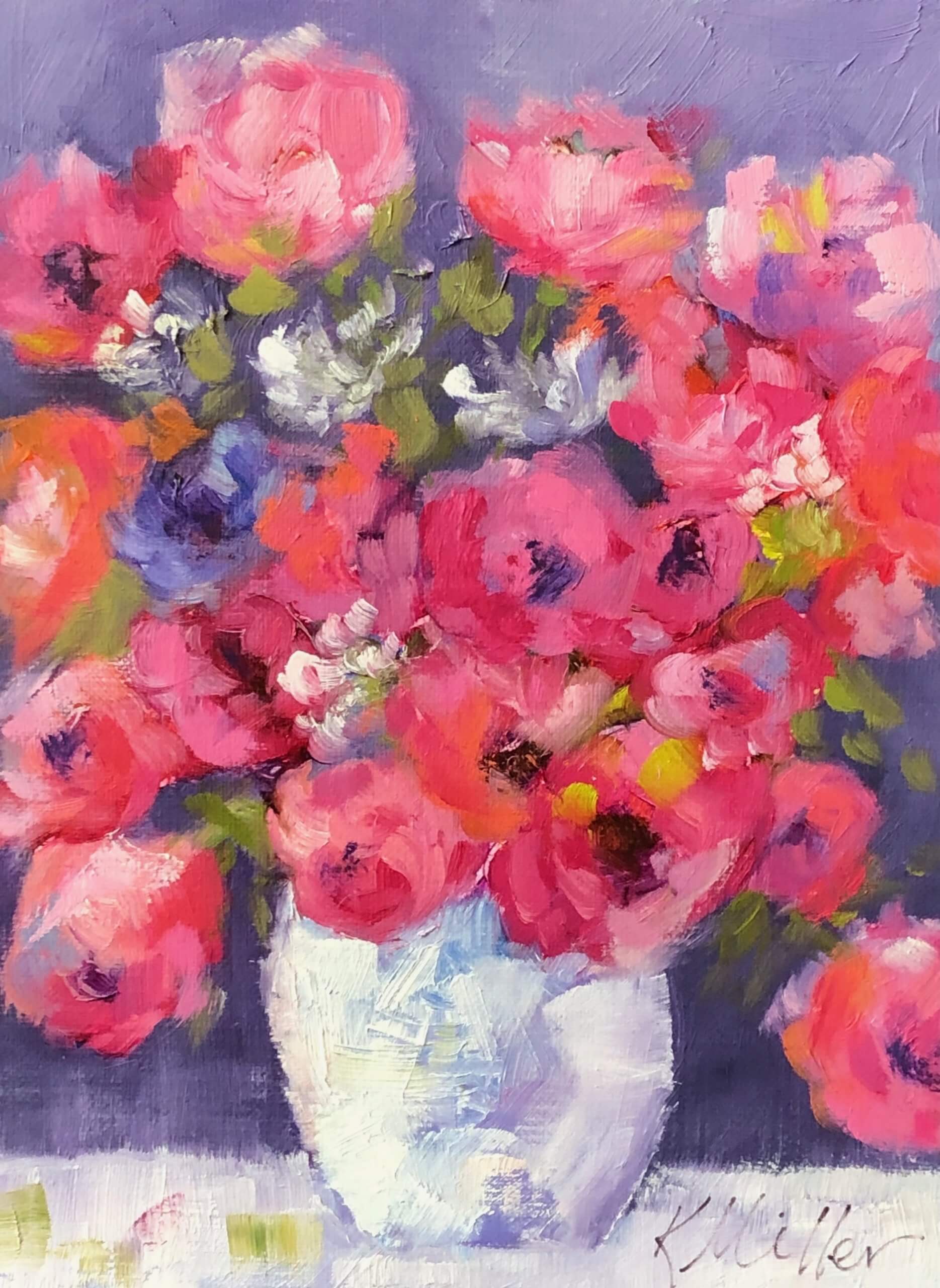 Pink Flowers original oil by Kathy Miller