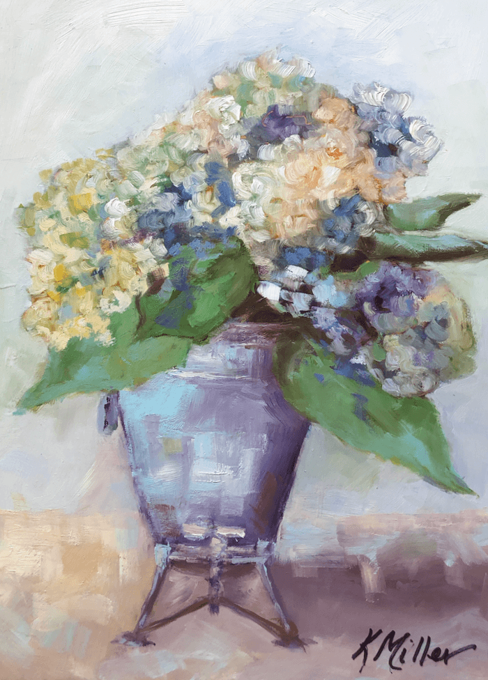 Hydrangeas in Grandmother's Samovar original oil painting by Kathy Miller