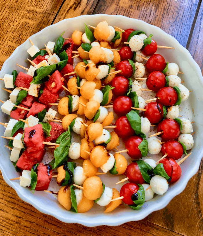 Watermelon, feta and basil; Cantaloupe, prosciutto, mozzarella; and tomato, mozzarella and basil skewers photo by Kathy Miller