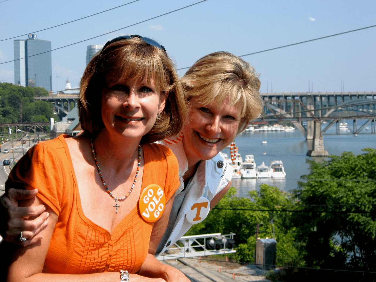 Robin and Kathy with their buttons Tennessee/Florida game photo by Kathy Miller