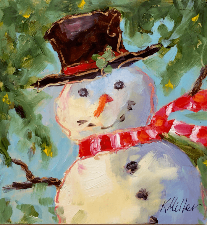 Mr. Snowman 6"x6" Acrylic on museum quality panel painting by Kathy Miller