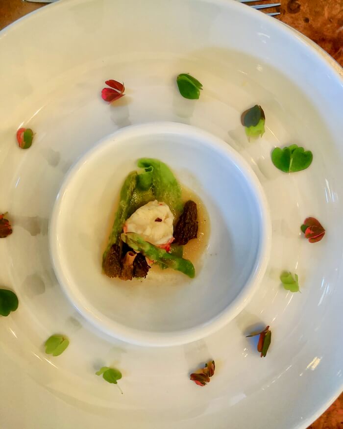 Homard, lobster with morels, sorrel, and green asparagus photo by Kathy Miller