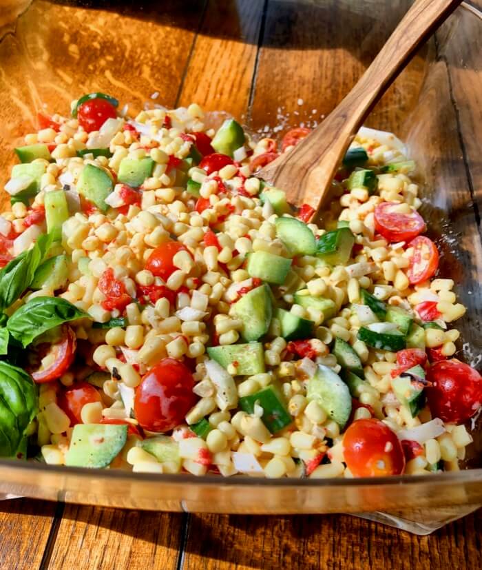 Corn Salad with cucumber and tomatoes photo by Kathy Miller