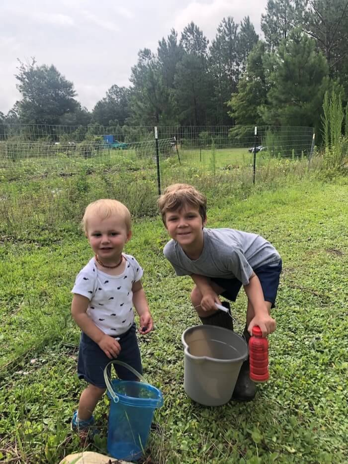 Parks and Cooper picking blueberries