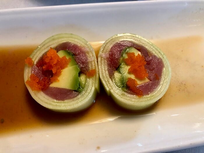 Naruto Spicy Tuna and Avocado wrapped in cucumber photo by Kathy Miller
