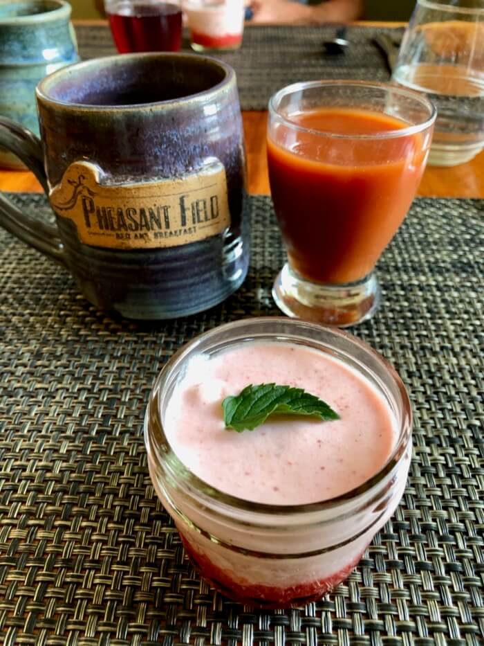 Strawberry Mousse and tomato juice photo by Kathy Miller 