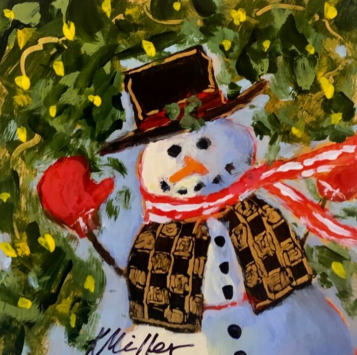 Mr. Snowman 2 with red mitten painting by Kathy Miller