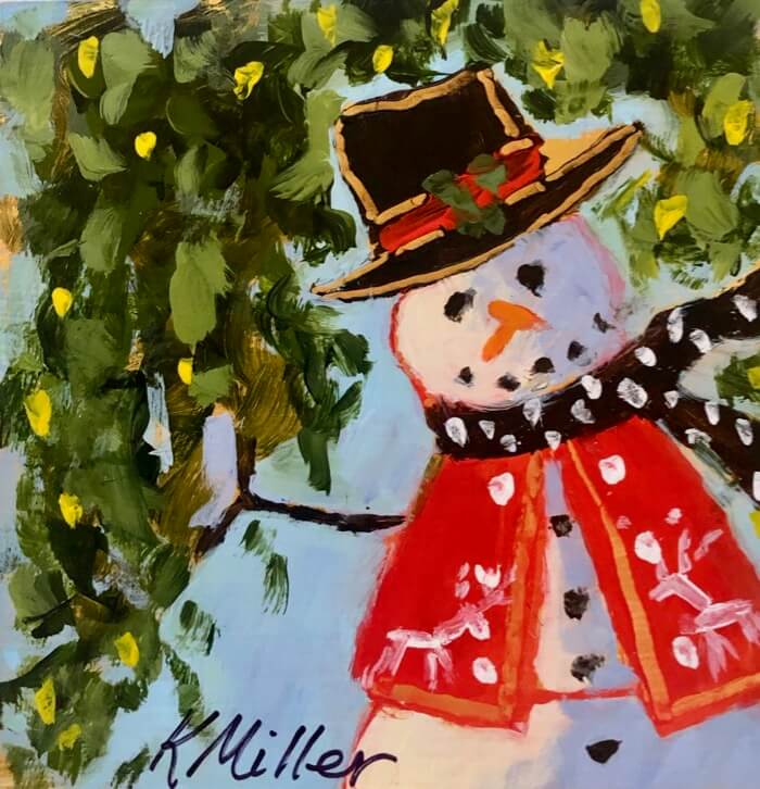 Mr. Snowman 3 with reindeer vest painting by Kathy Miller