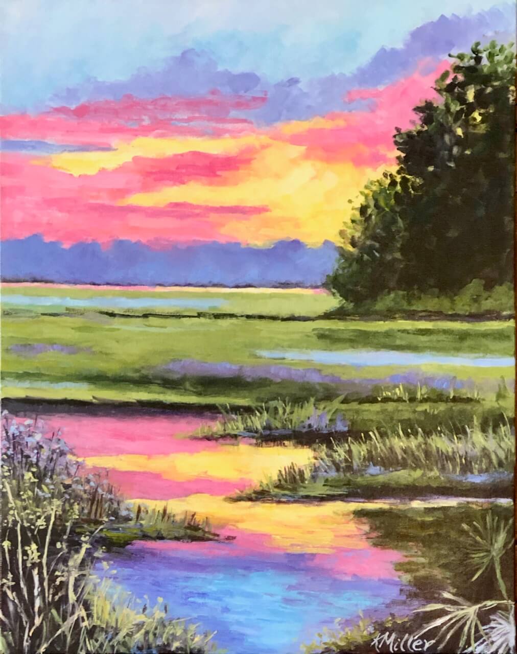 "Sunset On The Marsh"- 28"x22" Acrylic on Canvas Frame wood silver leaf- Floater Frame