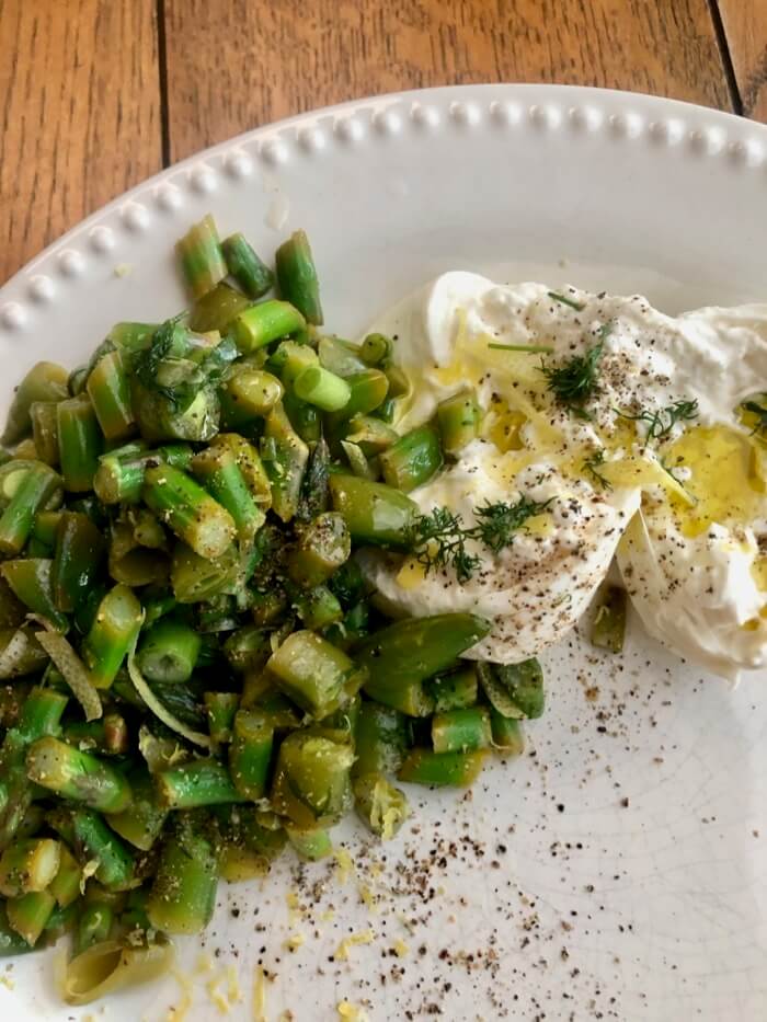 Asparagus, Snap Peas, and Burrata Salad photo by Kathy Miller