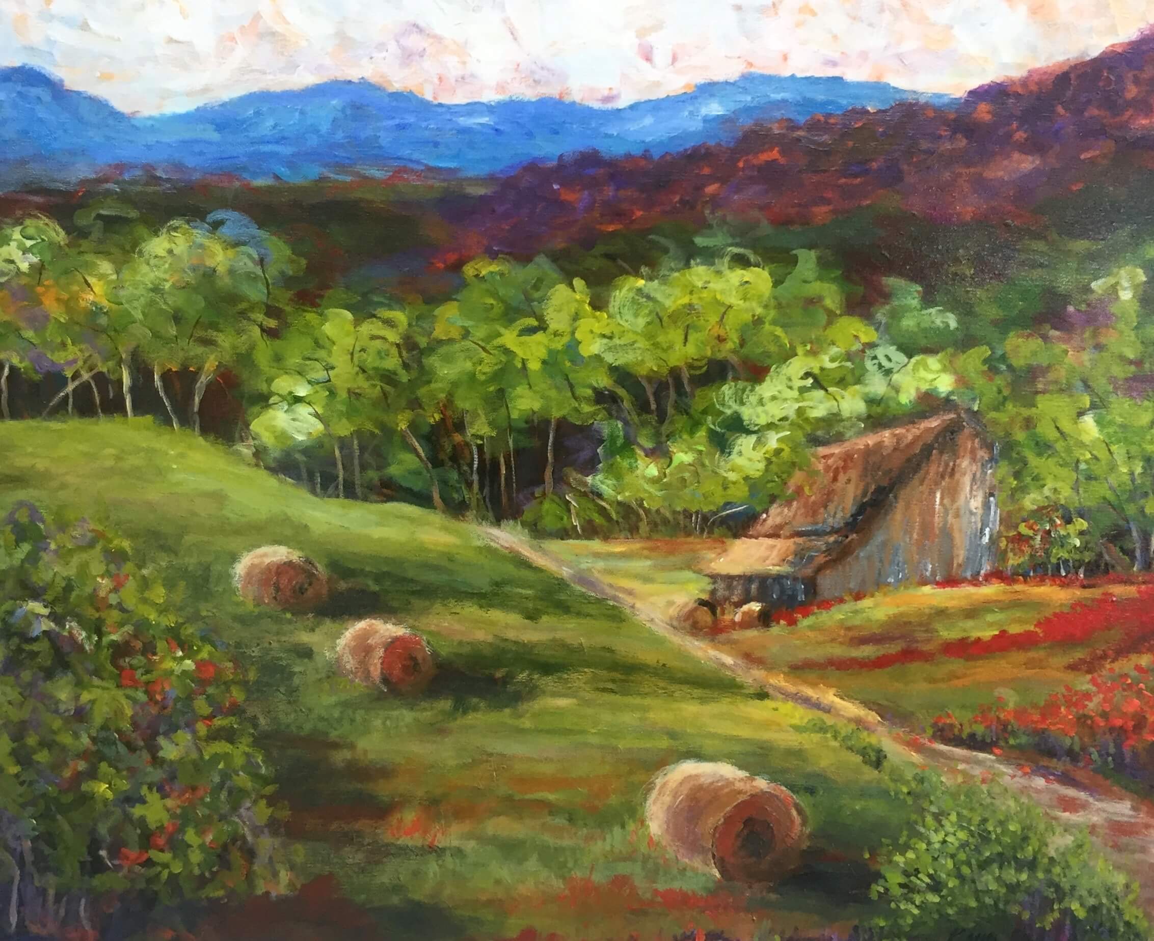 A Mountain Barn 24" x 30" Acrylic on Canvas Original Painting by Kathy Miller