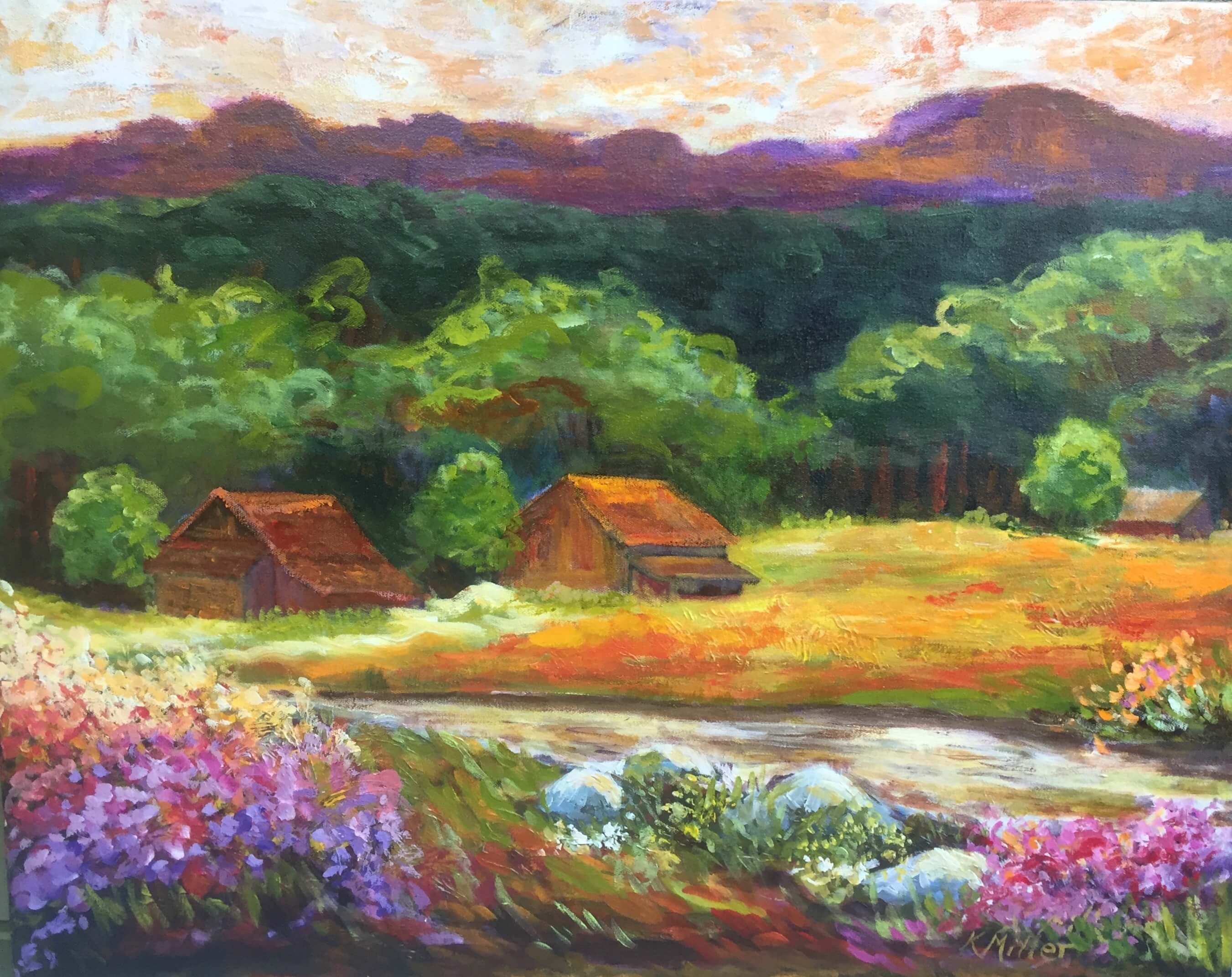 A Mountain Brook and Meadow 22" x 28" Acrylic on Canvas Original Painting by Kathy Miller
