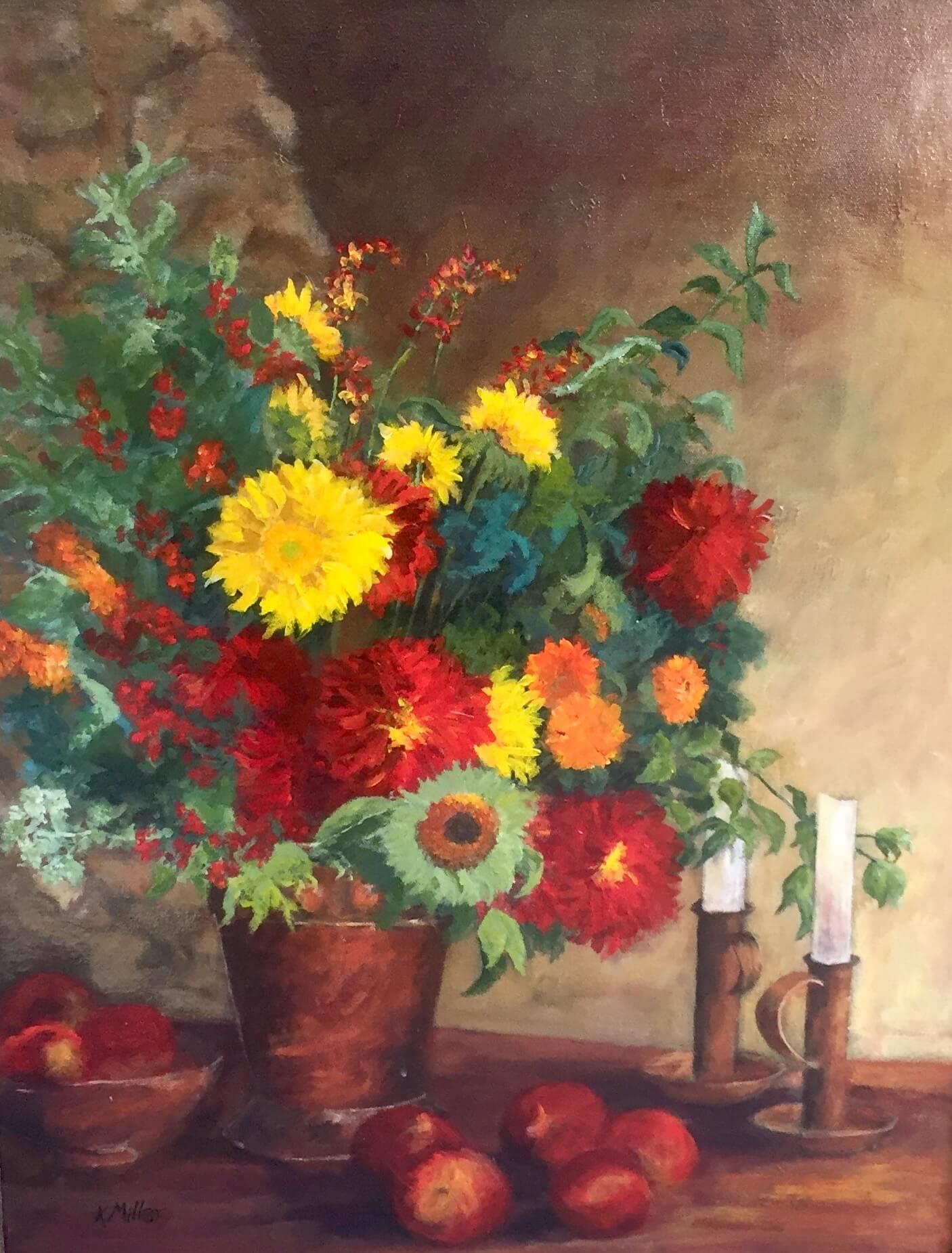 Mountain Dahlias 28" x 22" original acrylic painting by Kathy Miller