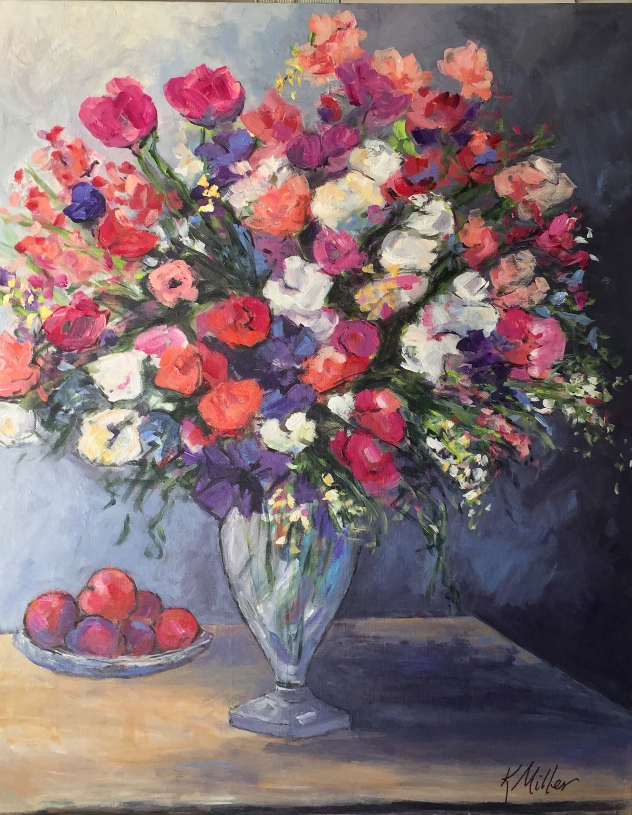Peonies and Tulips with Fruit original painting by Kathy Miller