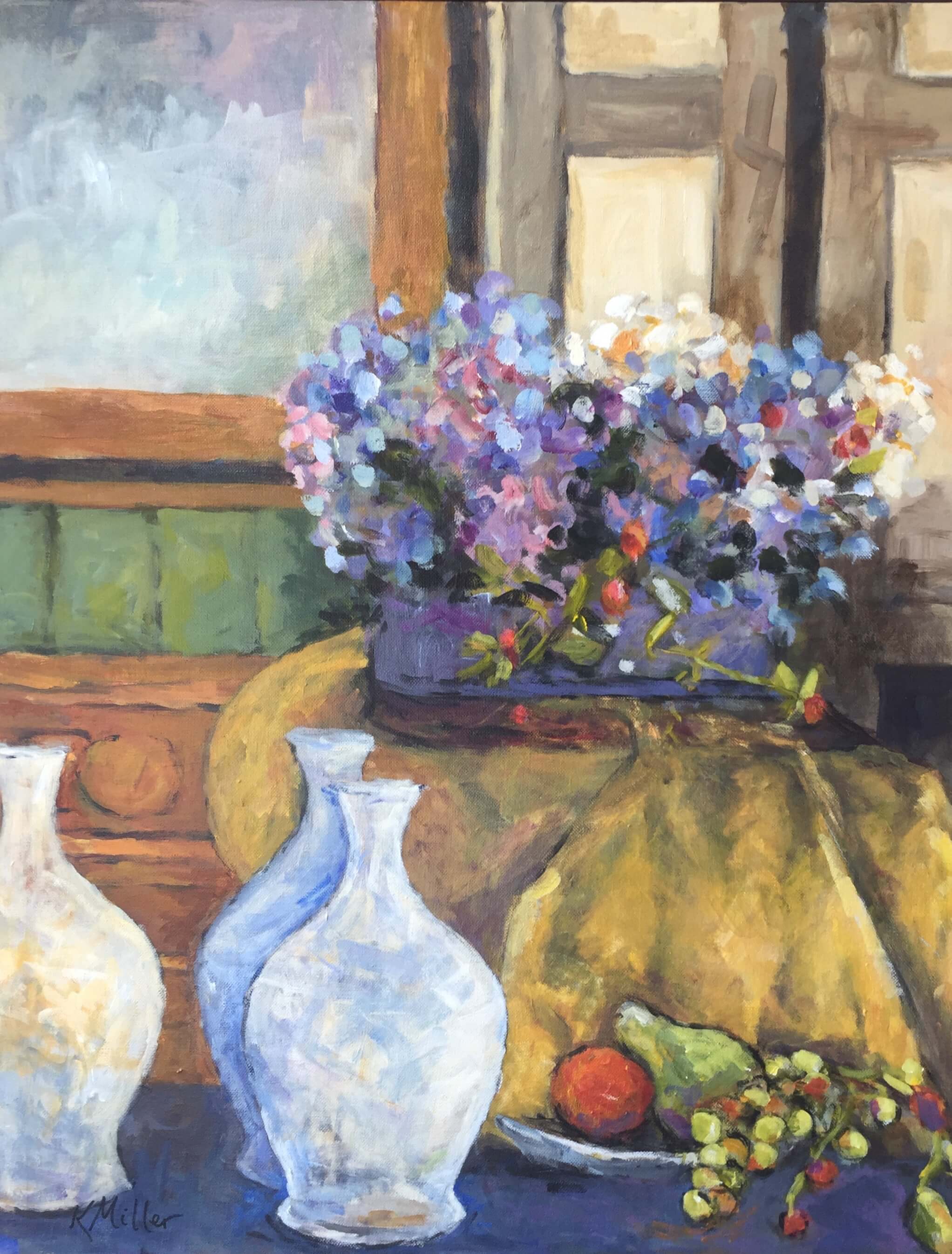 Hydrangeas With Bottles And Fruit Original Painting by Kathy Miller