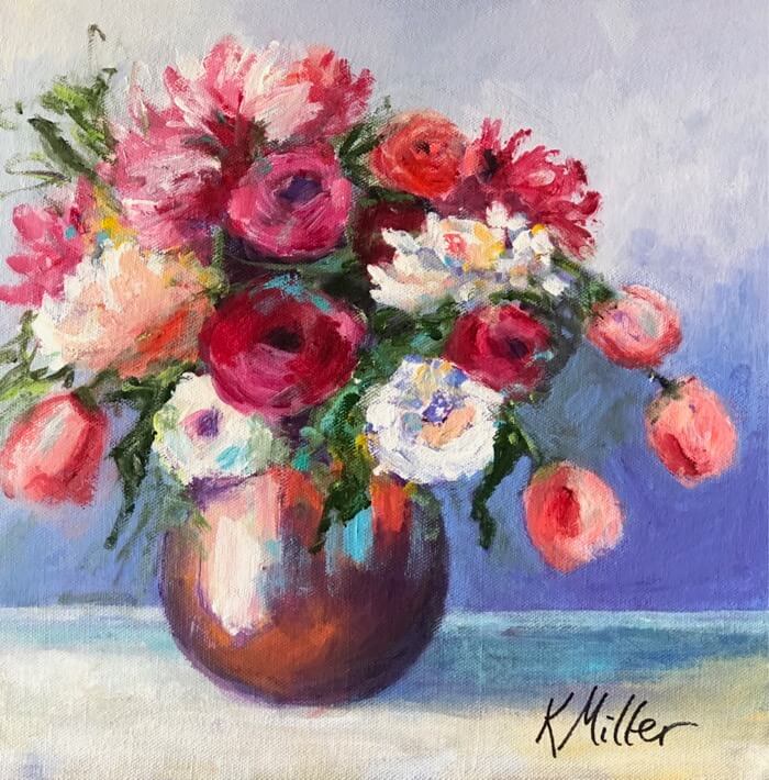Tulips and Dahlias 12"x12" Acrylic on Canvas original painting by Kathy Miller