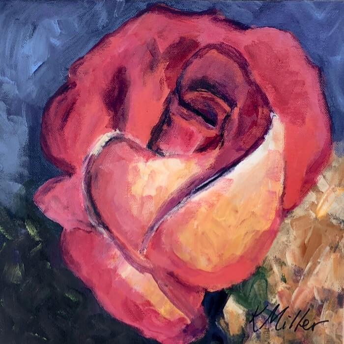 Coral and yellow rose painting by Kathy Miller