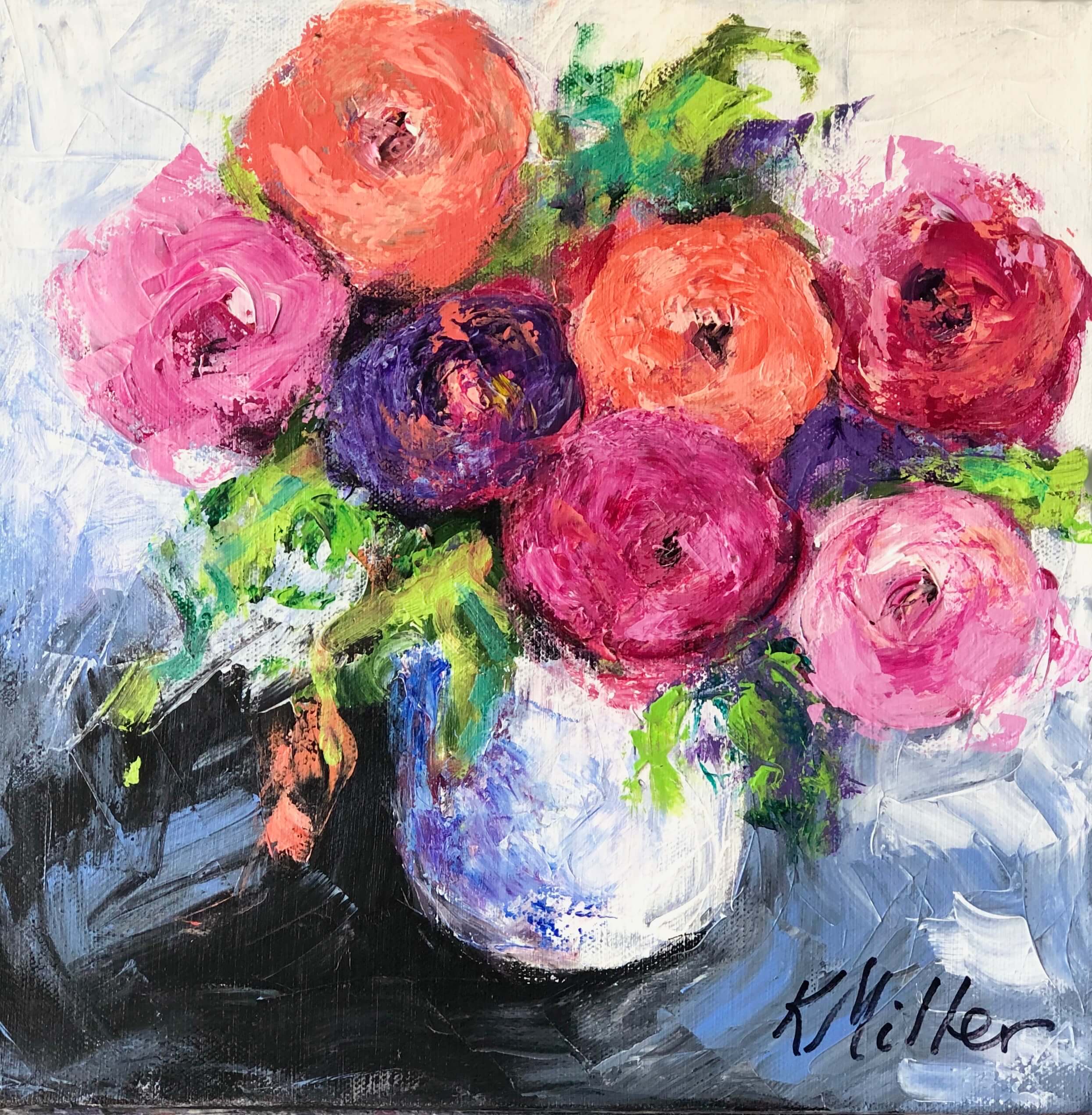 Fun Flowers on Black inspired by a Pink Ranunculus Floral Arrangement by Kate Schelter painting by Kathy Miller