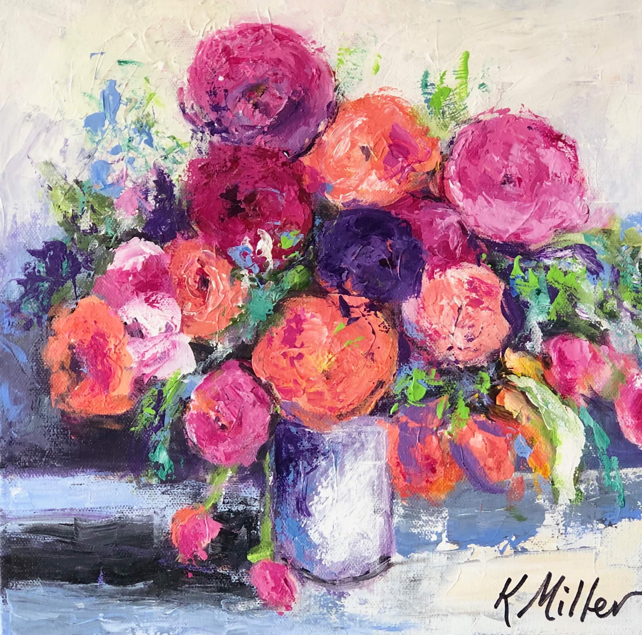 FLOWER POWERE Peonies and Ranunculus painting by Kathy Miller inspired by Lewis Miller floral arrangement