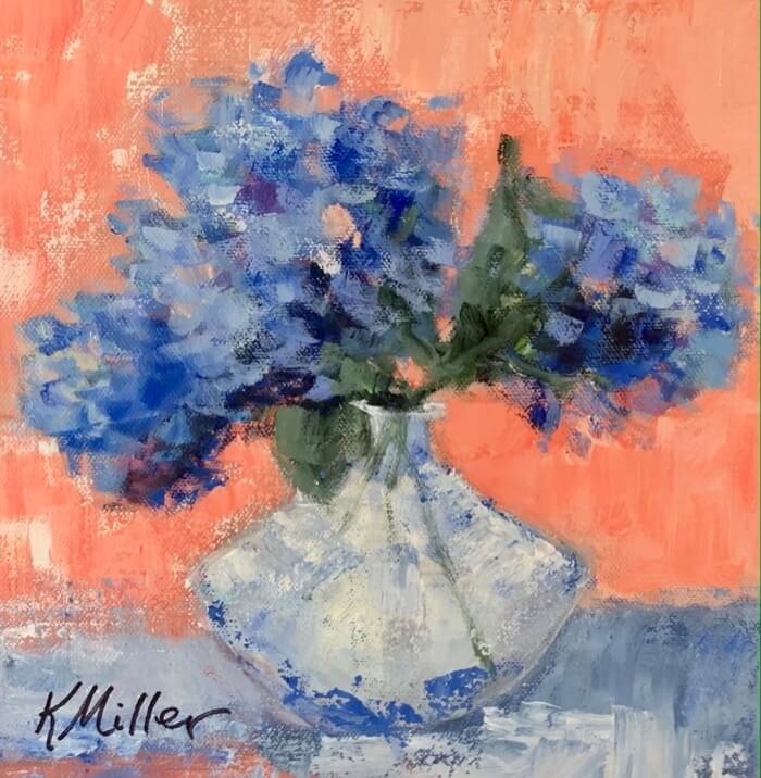 Hydrangeas in petite vase original painting by Kathy Miller