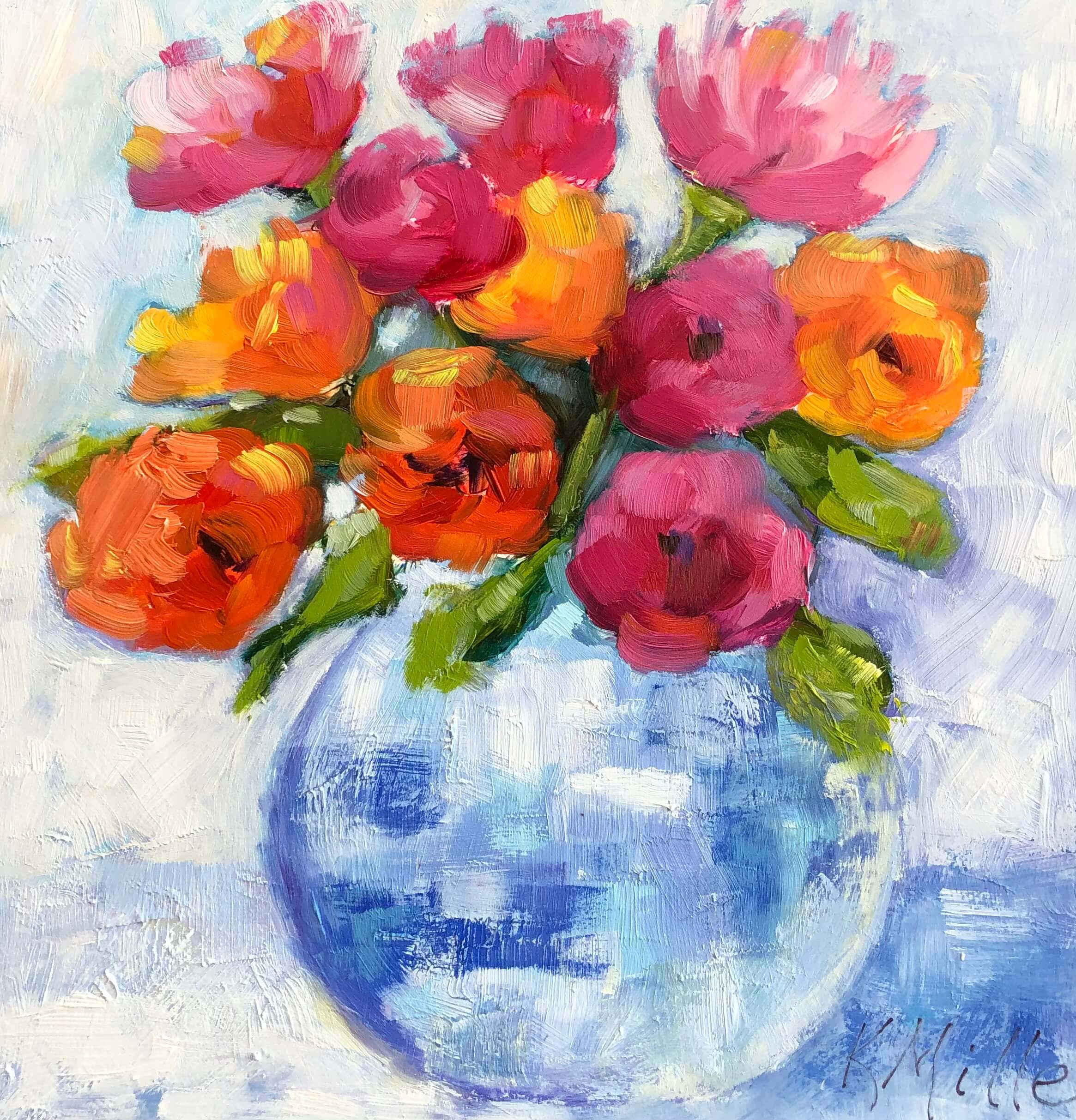 Flowers in Blue and White Vase original oil on museum panel by Kathy Miller