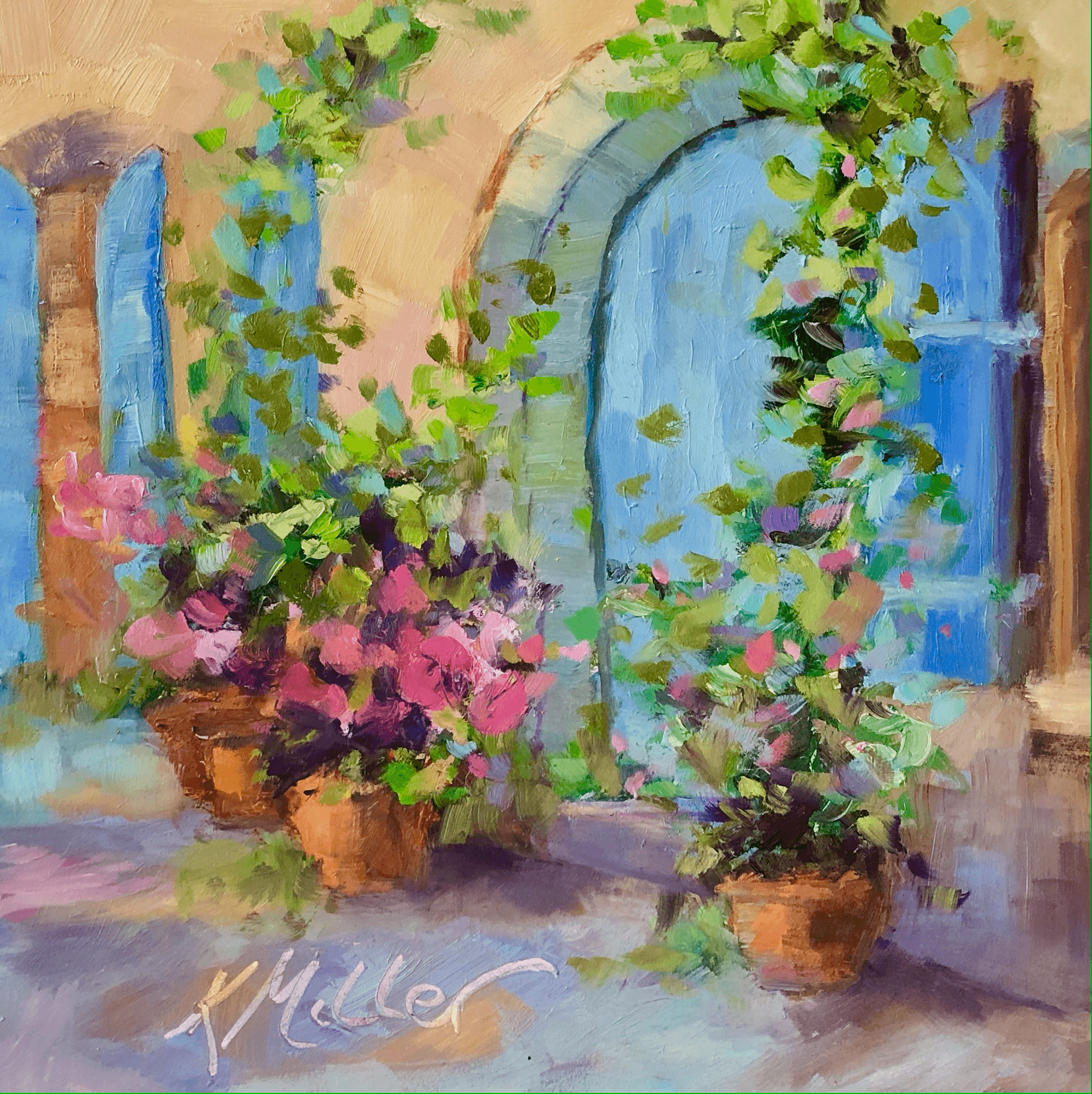 Blue Doors of Provence 8"x8" oil on museum quality Gesso panel by Kathy Miller