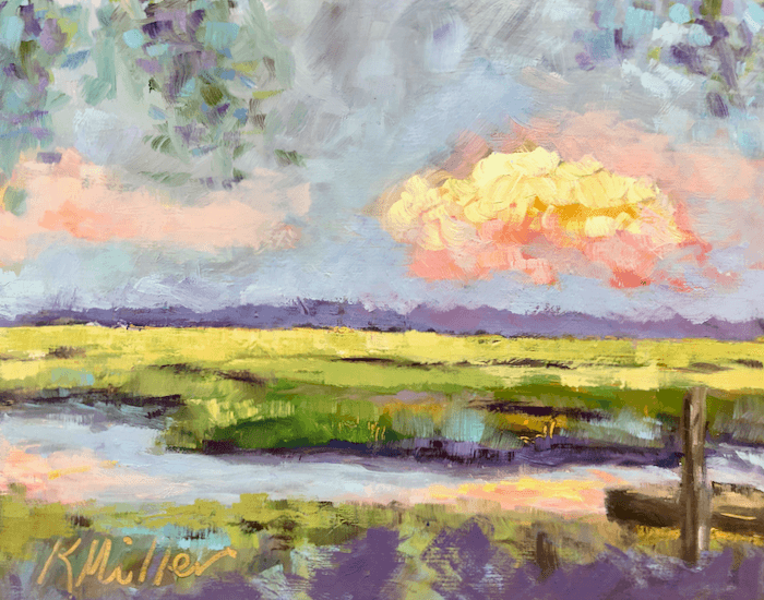 Marsh Sunset original oil on gesso panel by Kathy Miller