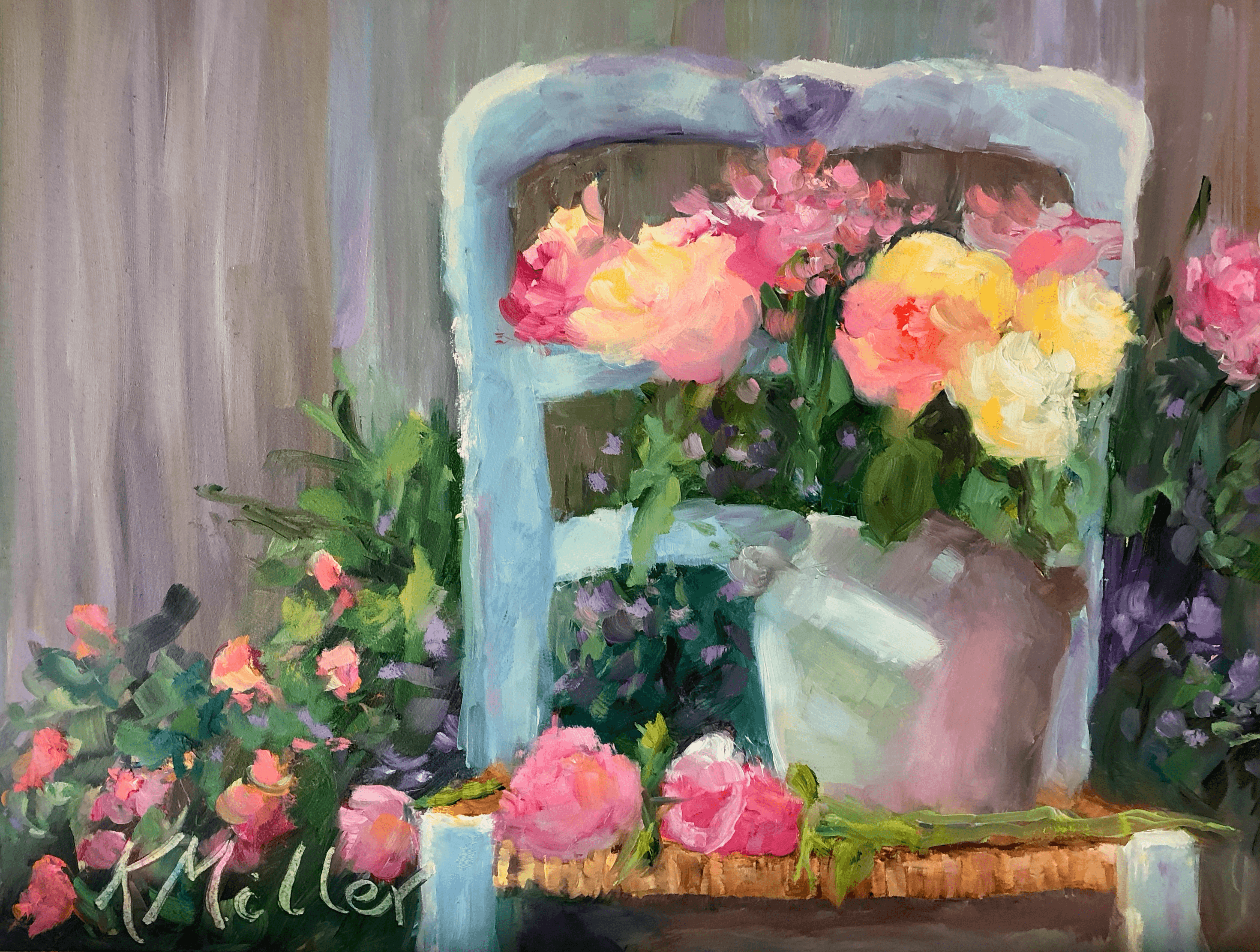 Roses On a Vintage French Chair original painting by Kathy Miller