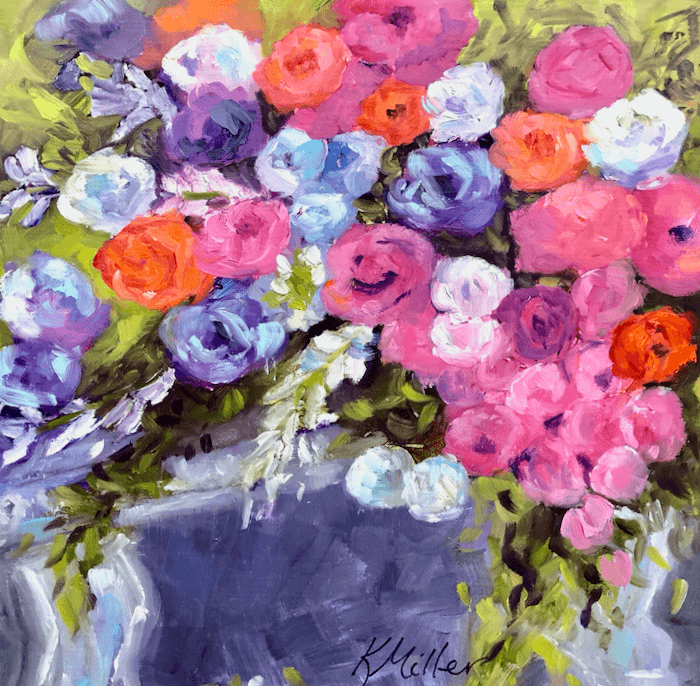 Flowers on a Bench 8"x8" Oil on Italian linen panel painting by Kathy Miller