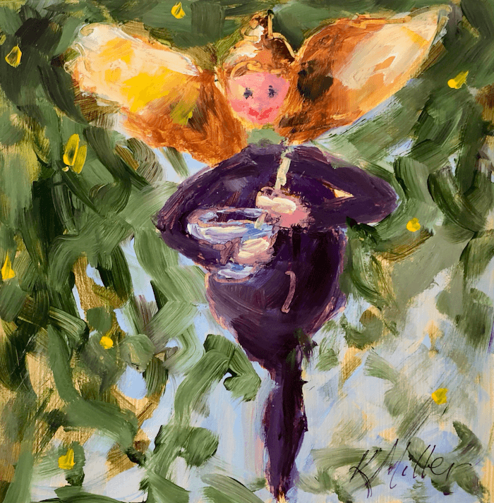 Tutti Frutti Plum Pudding Fairy 6"x6" Acrylic on museum quality panel painting by Kathy Miller